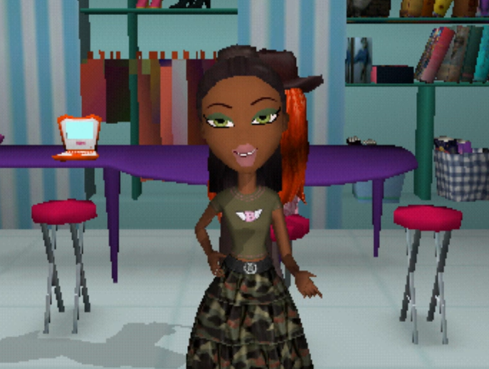 Sasha has dark brown skin and dark brown hair. She wears an army green top, a long camo ruffled skirt, and has green eyes.